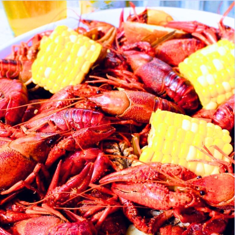 Crawfish and corn on a tray at The Field House